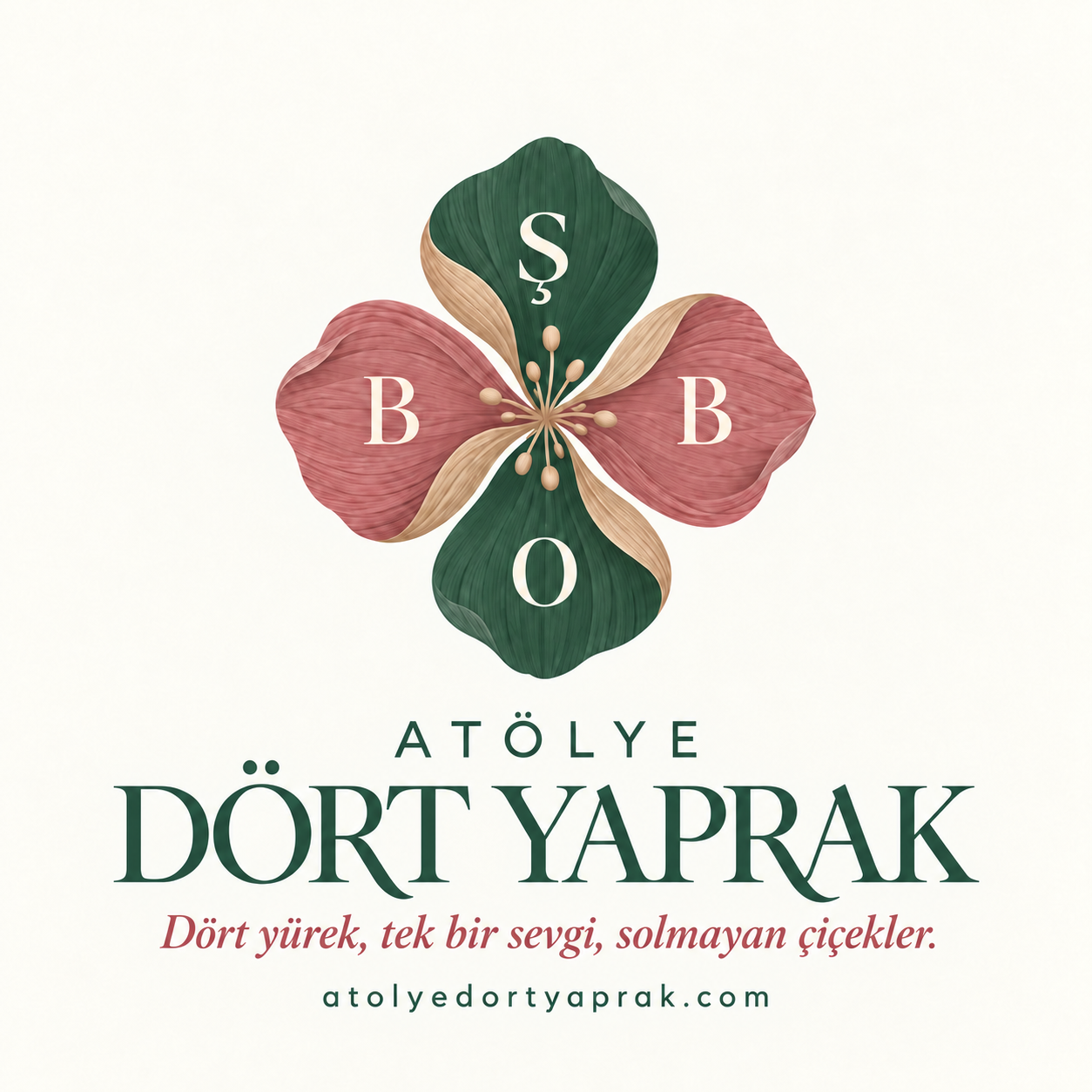 Atölye Dört Yaprak logosu: Ş üstte, O altta, B harfleri yanlarda